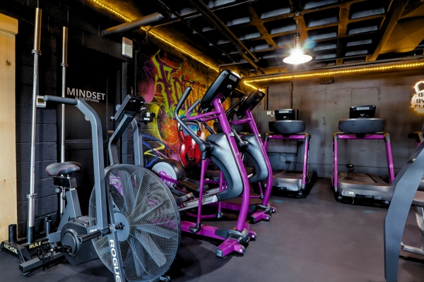 Cardio corner with treadmills, an air bike and a cross trainer beside a mural