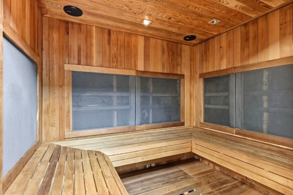 Cedar interior of the infrared sauna with bench seating
